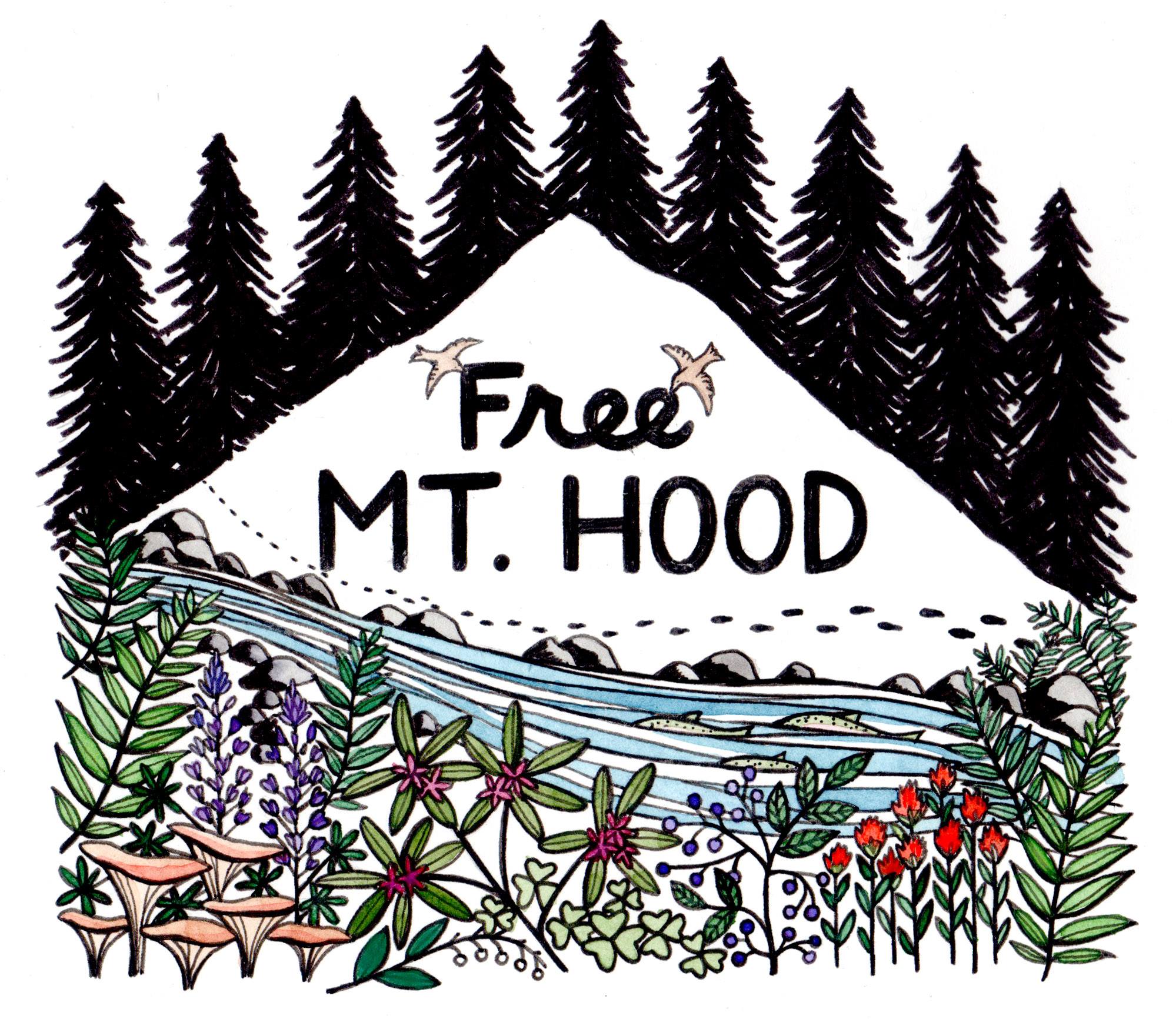 color illustration of Mt. Hood's silhoette against a pine ridge. in the foreground flows a river surrounded by native flora, lupine, fern, etc. Across the mountain birds hold text that reads: Free MT. HOOD