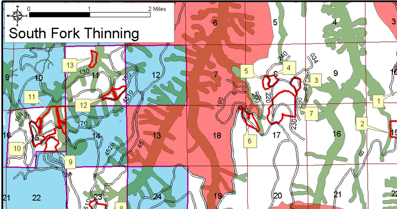 This is a snapshot of the Southfork Thinning Project Map. It is color coded by blue and red of the different land use allocations existing in the project area.