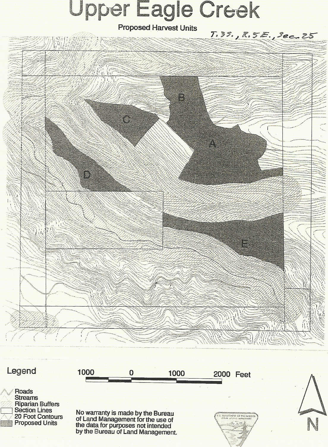 This is a map of the proposed project area for the Upper Eagle Timber Sale. It is black and white, with some sizeable polygons represent the harvest units.