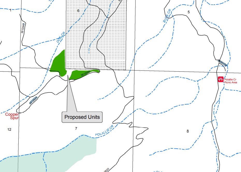 This is a snapshot of the DB Cooper Timber Sale Scoping Map. This shows blue dashed lines for creeks and a highlighted green polygon for the unit labels.