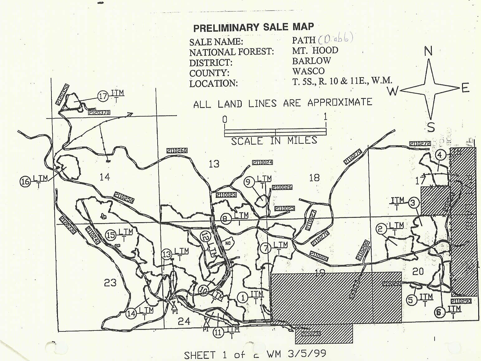 Scan of a map of the paths created by the Forest Service while logging the Diablo Timber Sale.