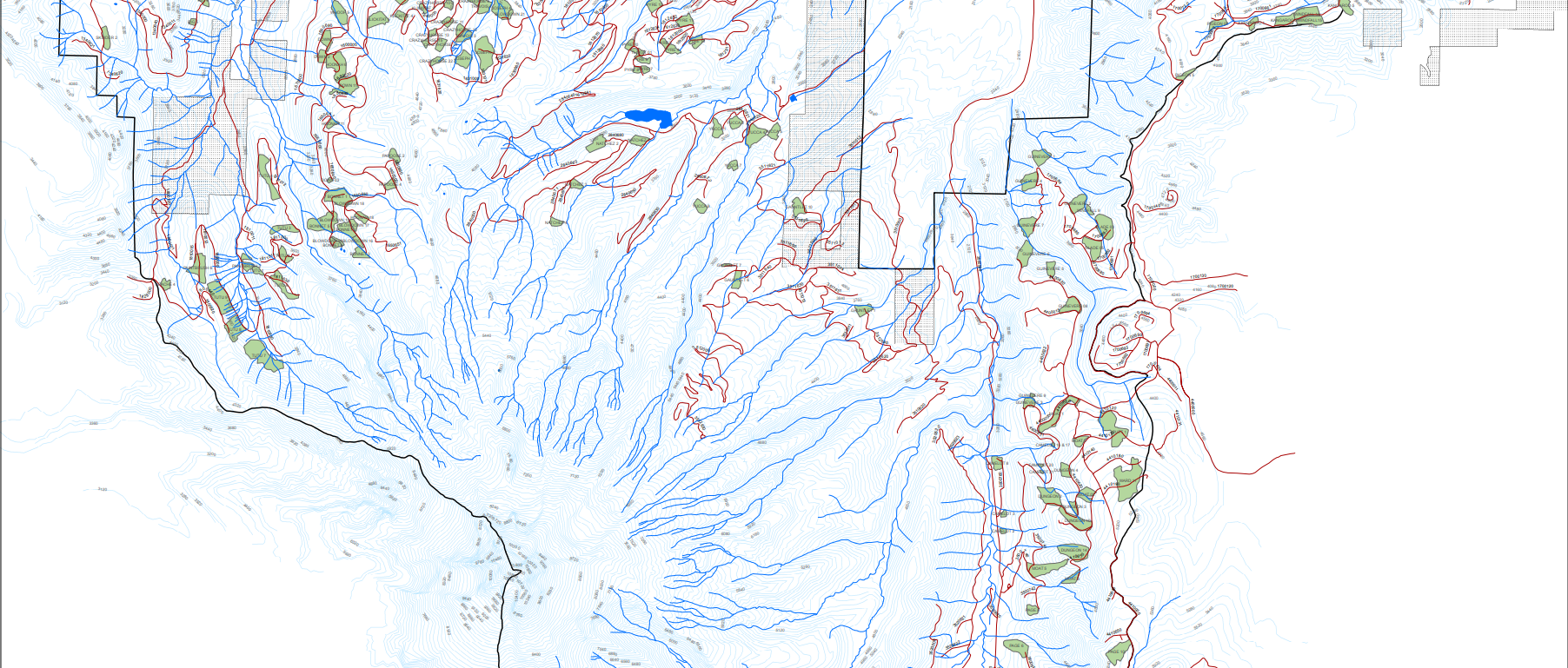 This is a snapshot of a map of hood river road, it has blue lines to represent the streams going across.