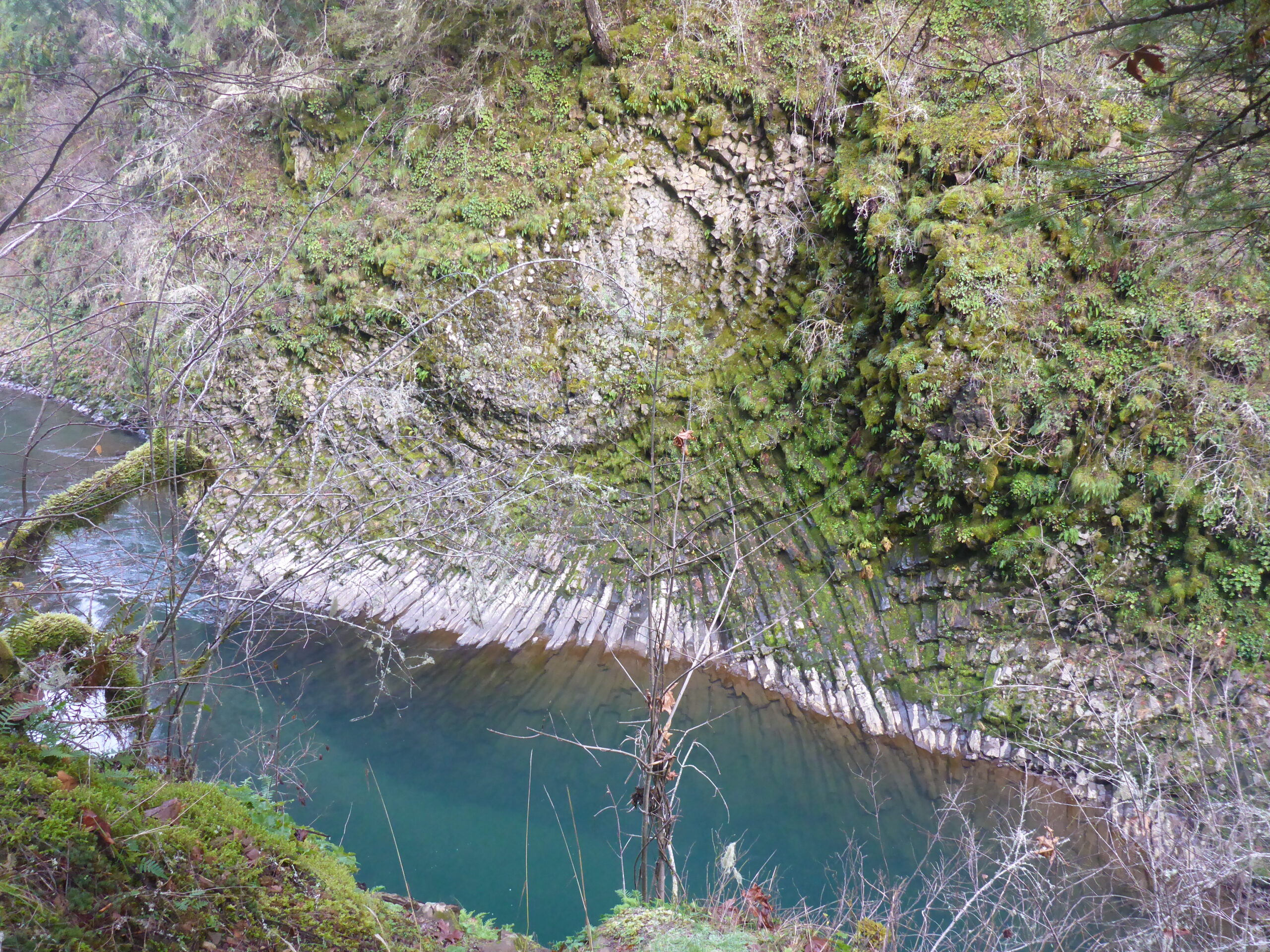 This is an algae covered, spiral shaped bedrock formation. It is along the banks of the turquoise blue Mollala River.