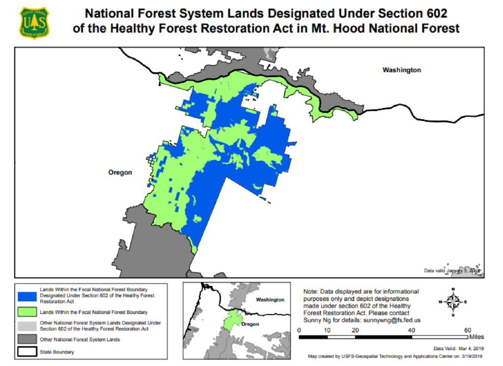 This image shows a black and white map with blue and green sections of the National Forest System Lands Designated Under Section 602 of the Healthy Forest Restoration Act in Mt. Hood National Forest.